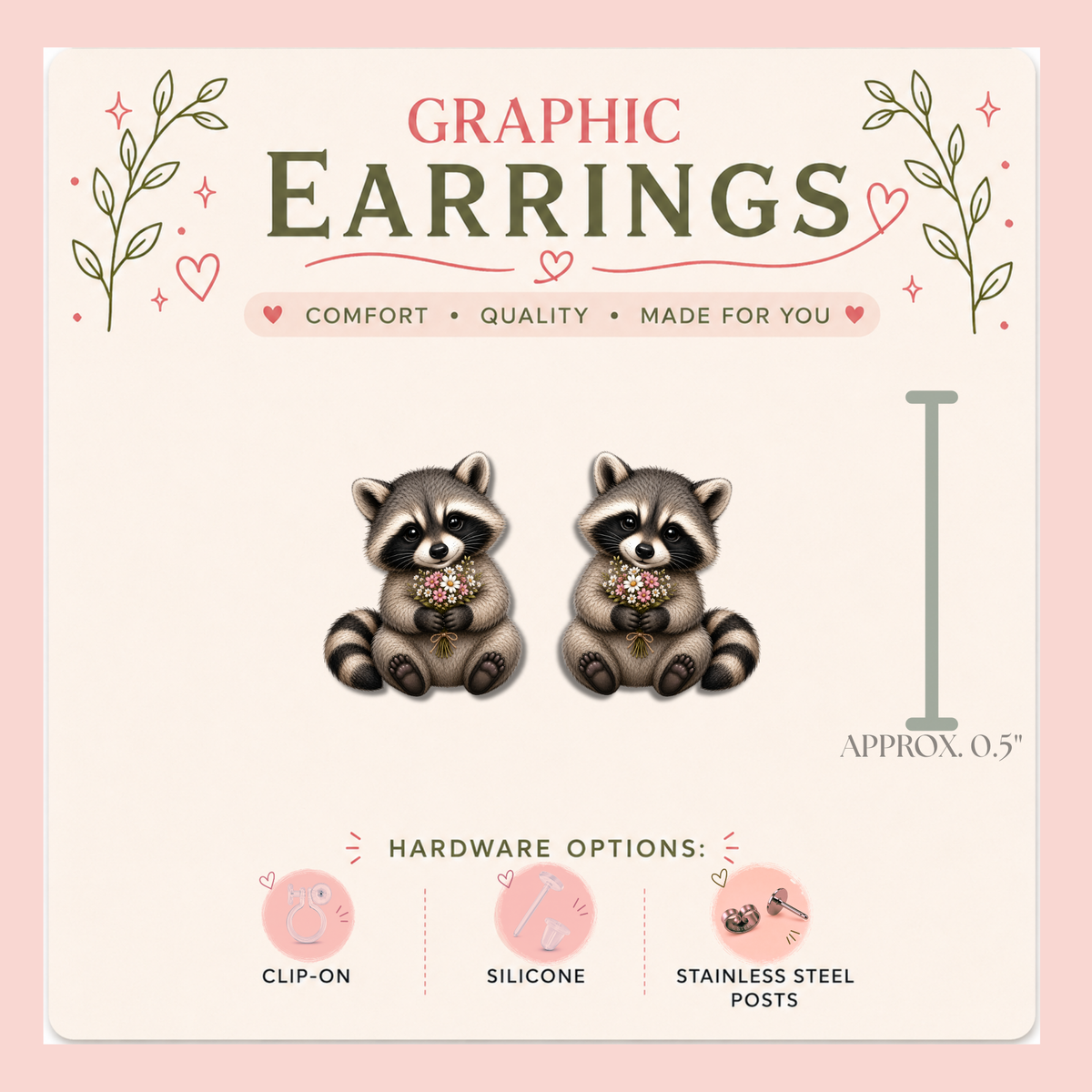 Floral Raccoon Graphic Earrings/ Lapel Pin