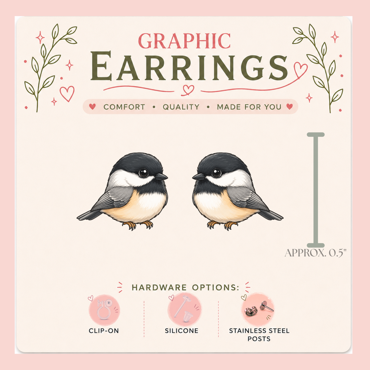Chickadee Bird Graphic Earrings/ Lapel Pin