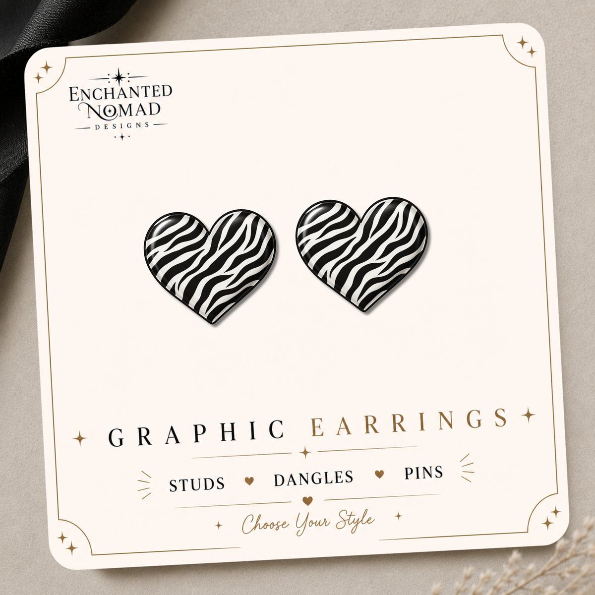 Zebra Heart Graphic Earrings/ Lapel Pin