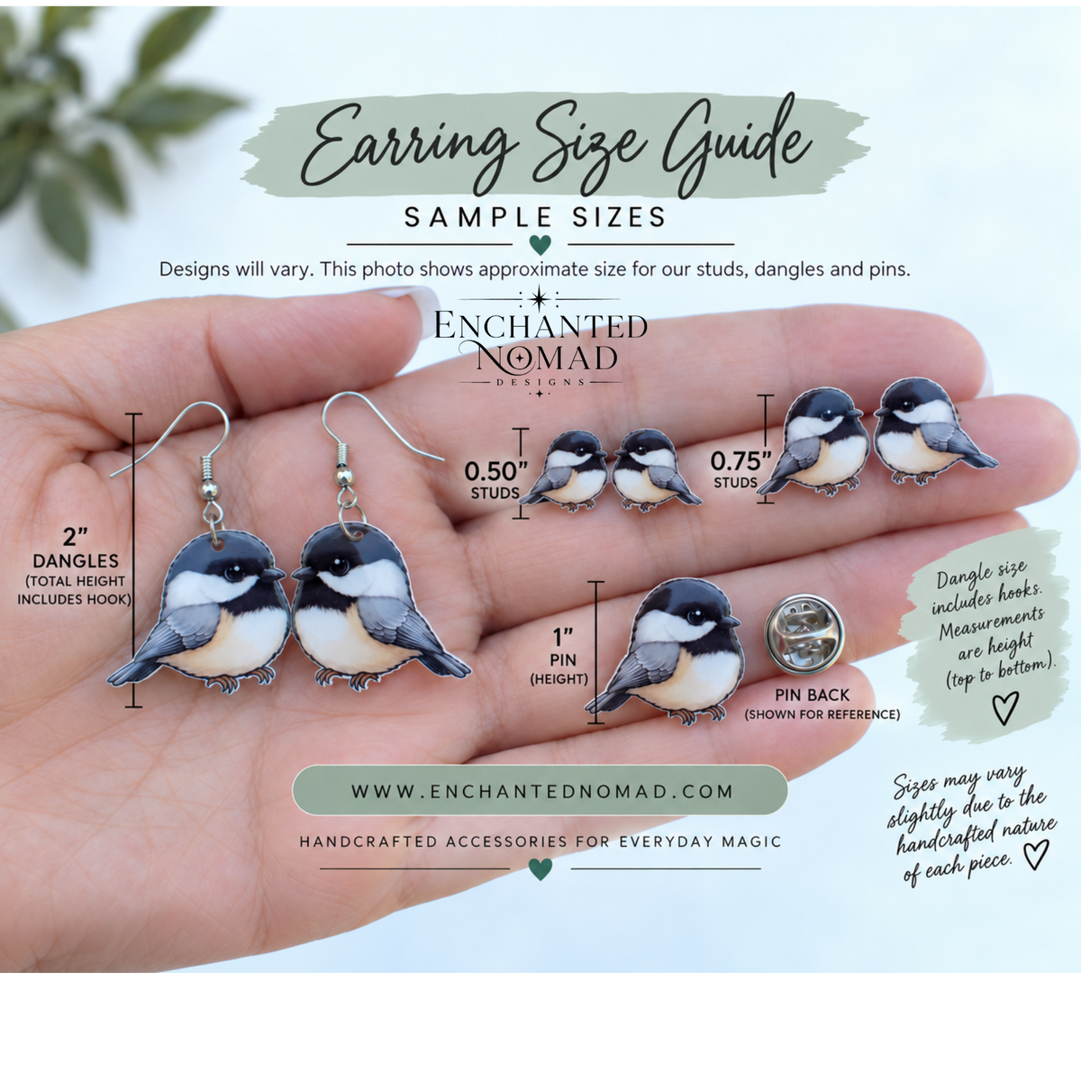 Example earring sizes shown for scale