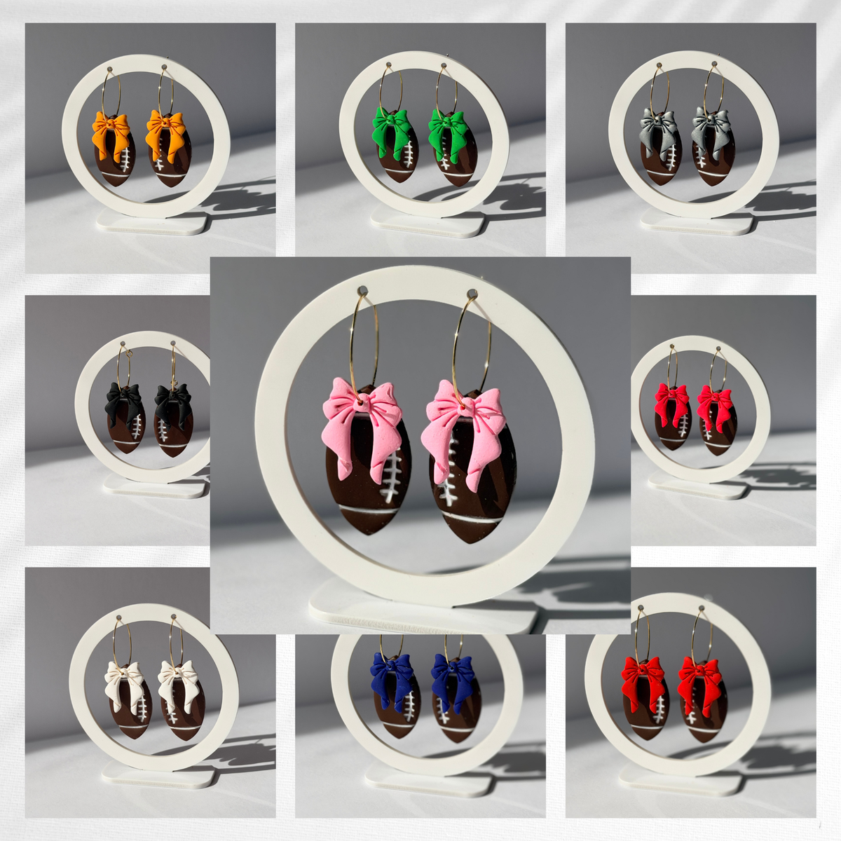 Football Bow Polymer Clay Hoop Earrings