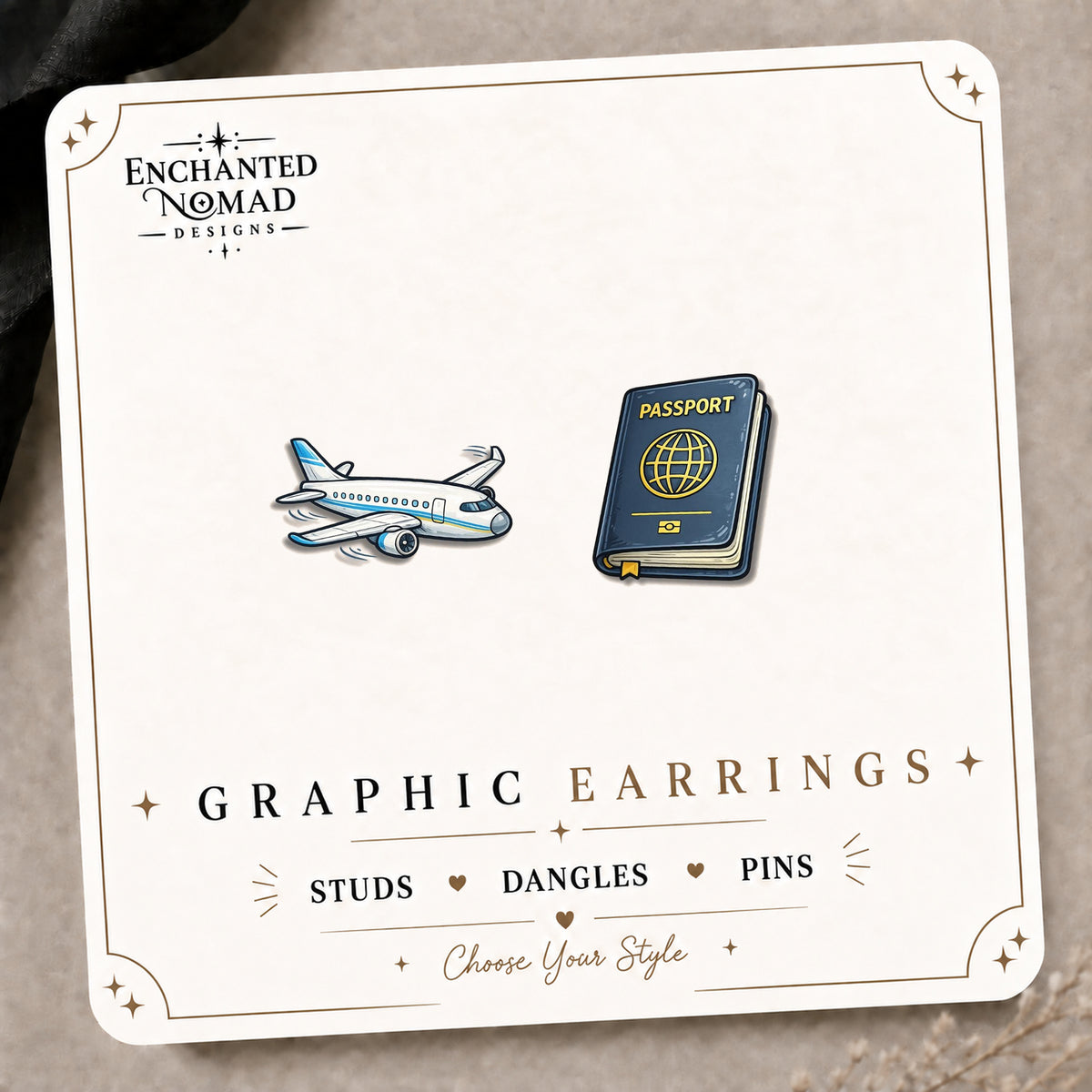 Airplane & Passport Graphic Stud Earrings on the tilted Enchanted Nomad Designs card