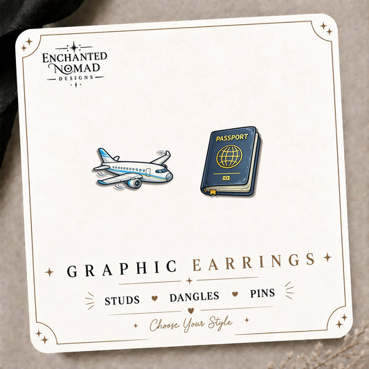 Airplane & Passport Graphic Stud Earrings on the tilted Enchanted Nomad Designs card