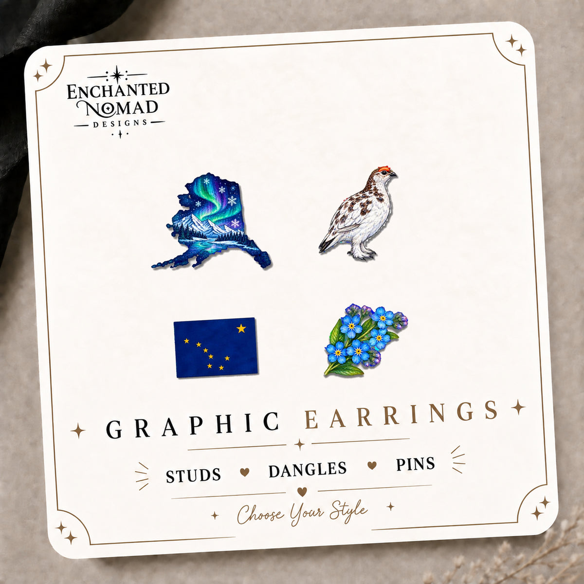 Alaska Mix & Match Stud Earrings on the tilted Enchanted Nomad Designs card