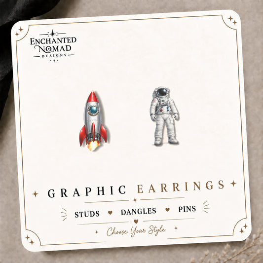 Astronaut & Rocket Mix & Match Stud Earrings on the tilted Enchanted Nomad Designs card