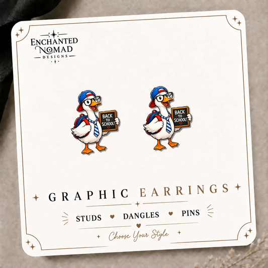 Back to School Goose Stud Earrings on the tilted Enchanted Nomad Designs card