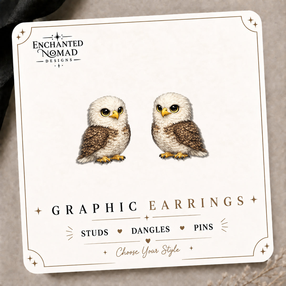 Bald Eagle Graphic Stud Earrings, Patriotic Bird Wildlife Jewelry on the tilted Enchanted Nomad Designs card