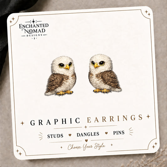 Bald Eagle Graphic Stud Earrings, Patriotic Bird Wildlife Jewelry on the tilted Enchanted Nomad Designs card