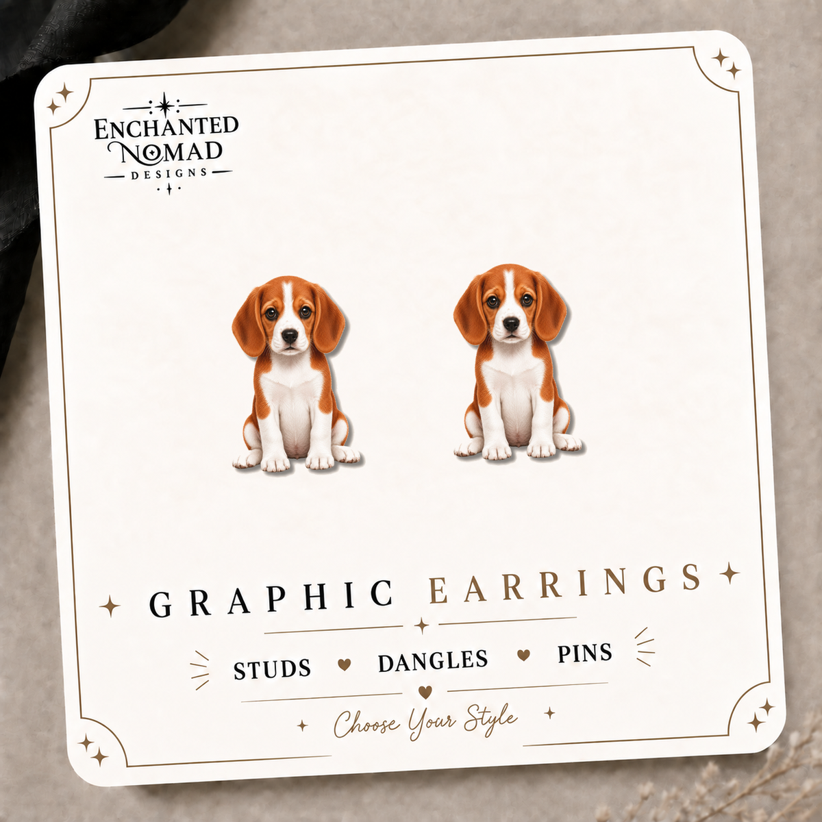 Beagle Puppy Stud Earrings on the tilted Enchanted Nomad Designs card