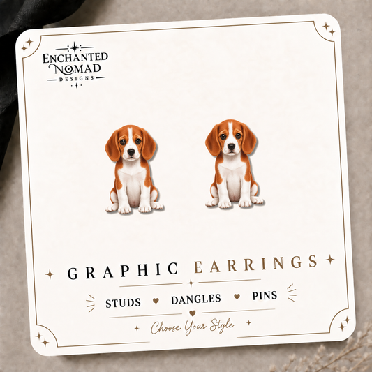 Beagle Puppy Stud Earrings on the tilted Enchanted Nomad Designs card