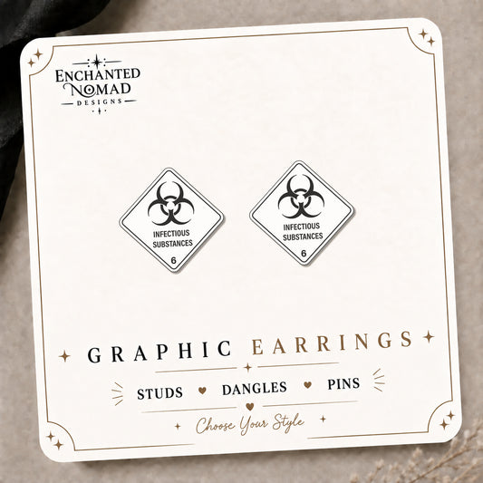 Biohazard Graphic Stud Earrings on the tilted Enchanted Nomad Designs card