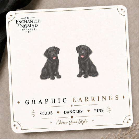 Black Labrador Puppy Stud Earrings on the tilted Enchanted Nomad Designs card