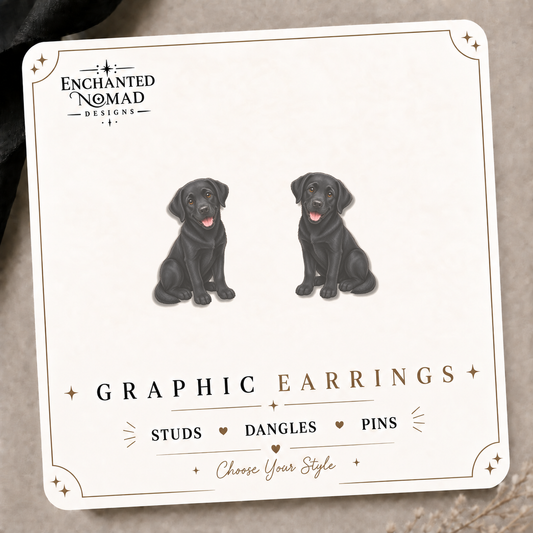 Black Labrador Puppy Stud Earrings on the tilted Enchanted Nomad Designs card