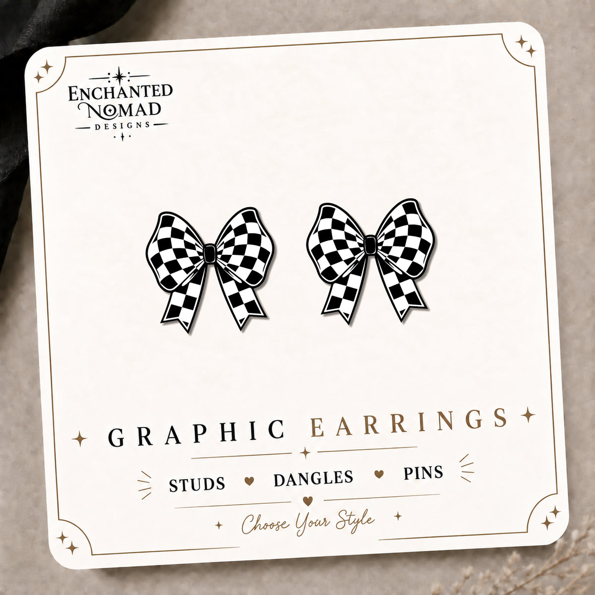 Black & White Checkered Bow Stud Earrings on the tilted Enchanted Nomad Designs card