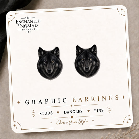 Black Wolf Stud Earrings on the tilted Enchanted Nomad Designs card