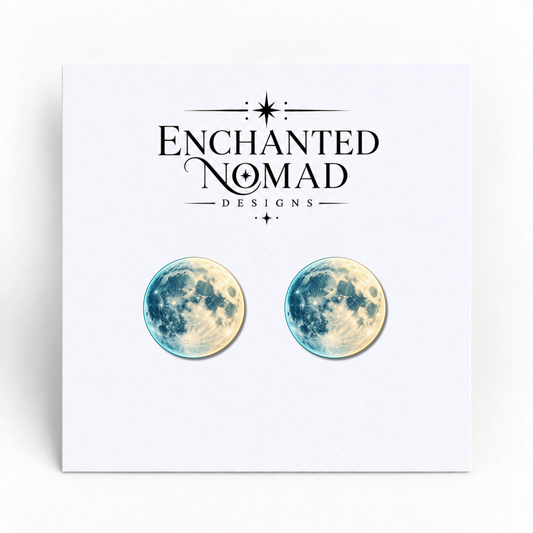 Blue and Gold Full Moon graphic earrings on display card