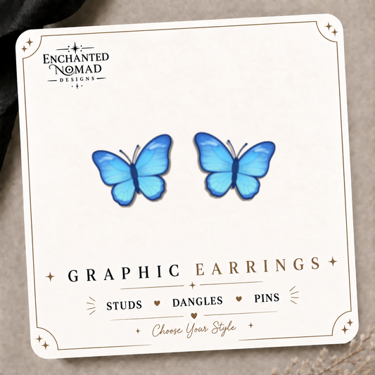 Blue Butterfly Stud Earrings on the tilted Enchanted Nomad Designs card