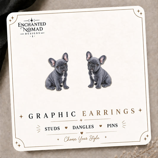 Blue French Bulldog Stud Earrings on the tilted Enchanted Nomad Designs card