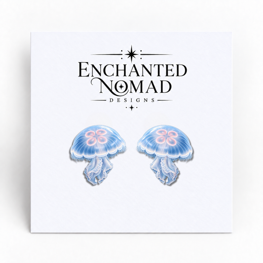 Blue Moon Jellyfish graphic earrings on display card