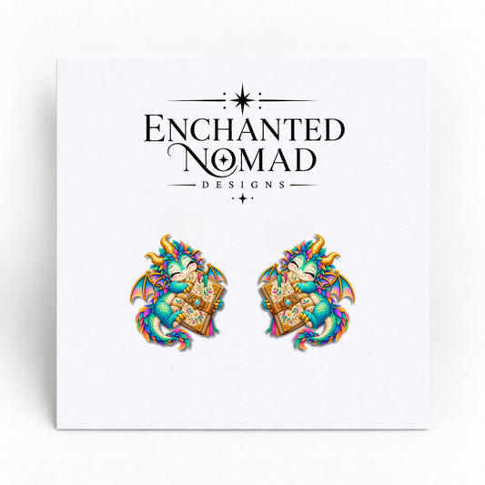 Book Hugging Dragon graphic earrings on display card