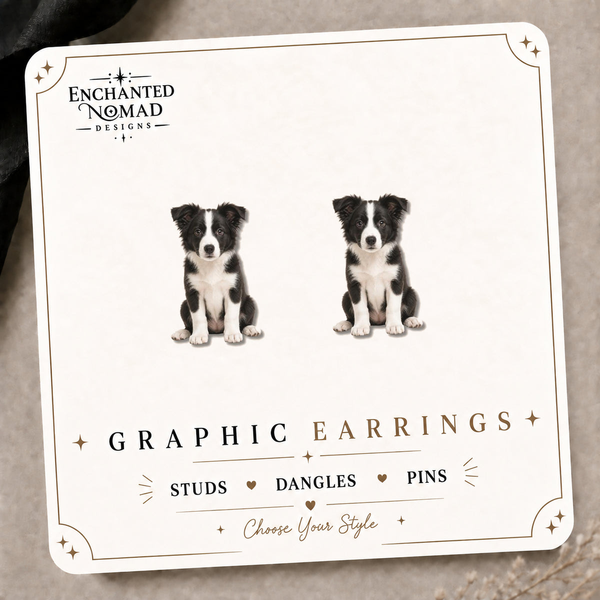 Border Collie Stud Earrings on the tilted Enchanted Nomad Designs card