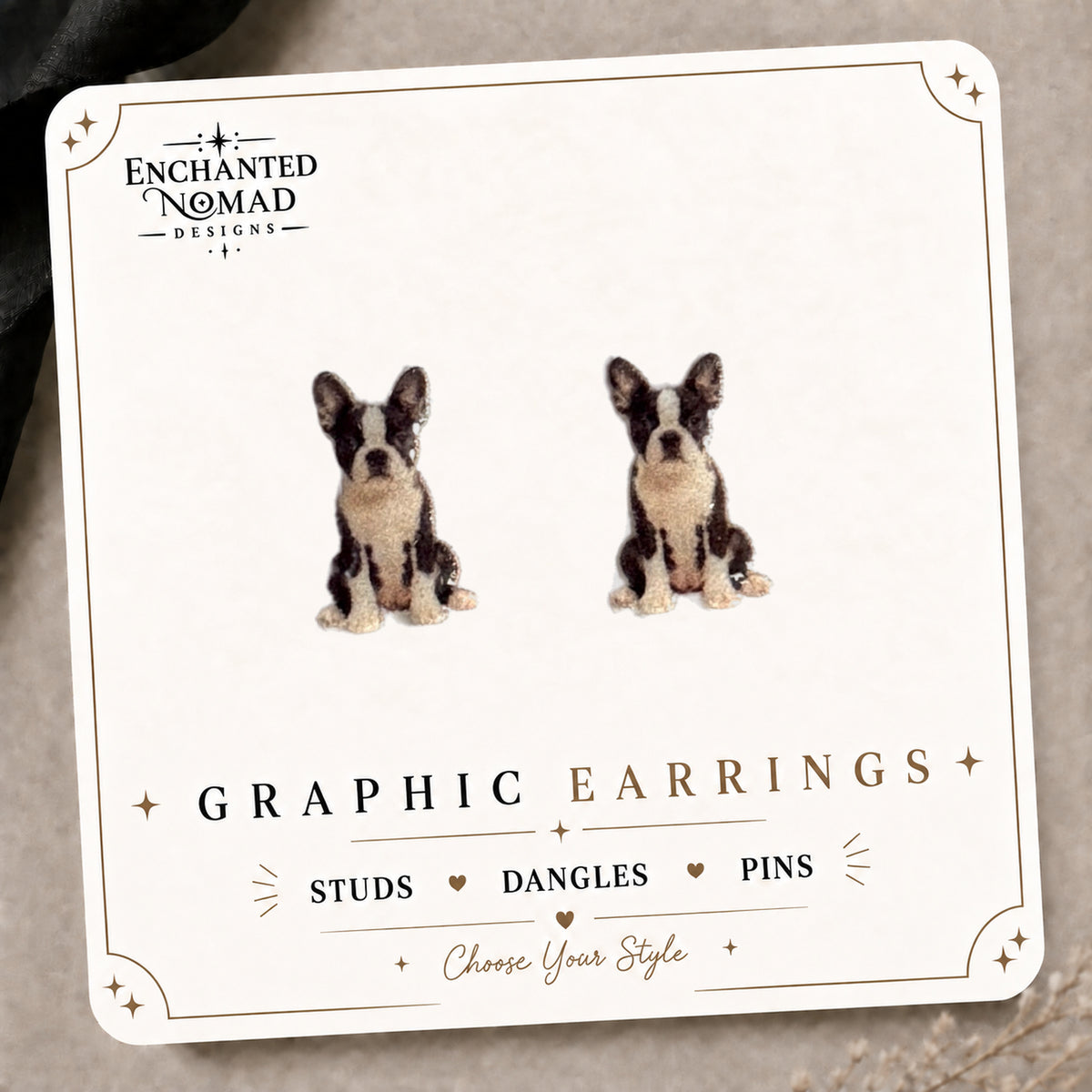 Boston Terrier Stud Earrings on the tilted Enchanted Nomad Designs card