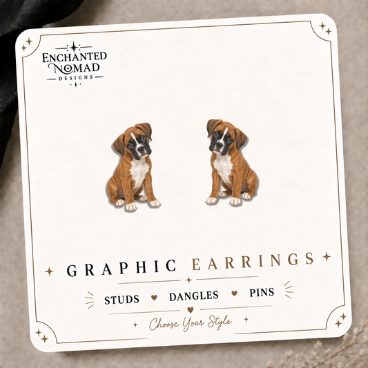 Boxer Puppy Stud Earrings on the tilted Enchanted Nomad Designs card