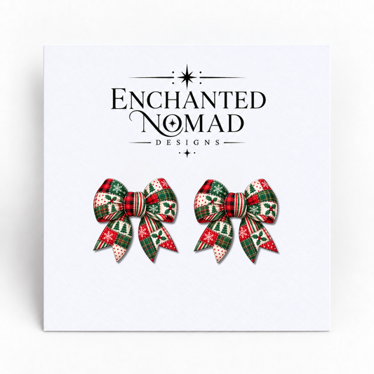 Buffalo Plaid Patchwork Christmas Bow graphic earrings