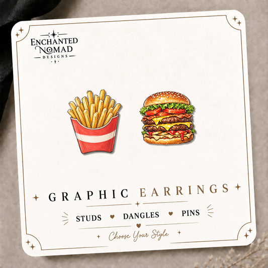 Burger & Fries Stud Earrings on the tilted Enchanted Nomad Designs card
