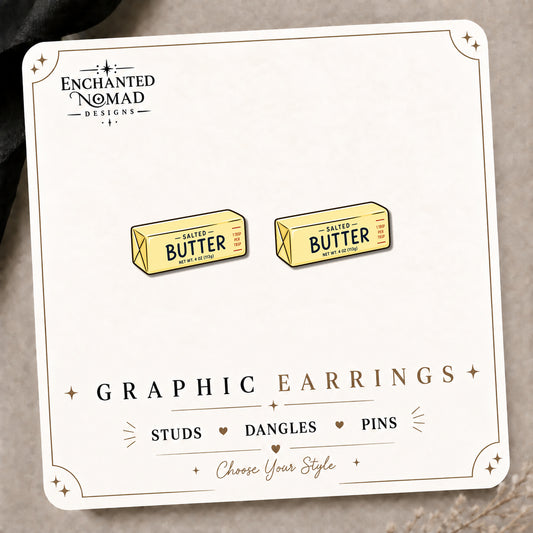 Butter Stud Earrings on the tilted Enchanted Nomad Designs card