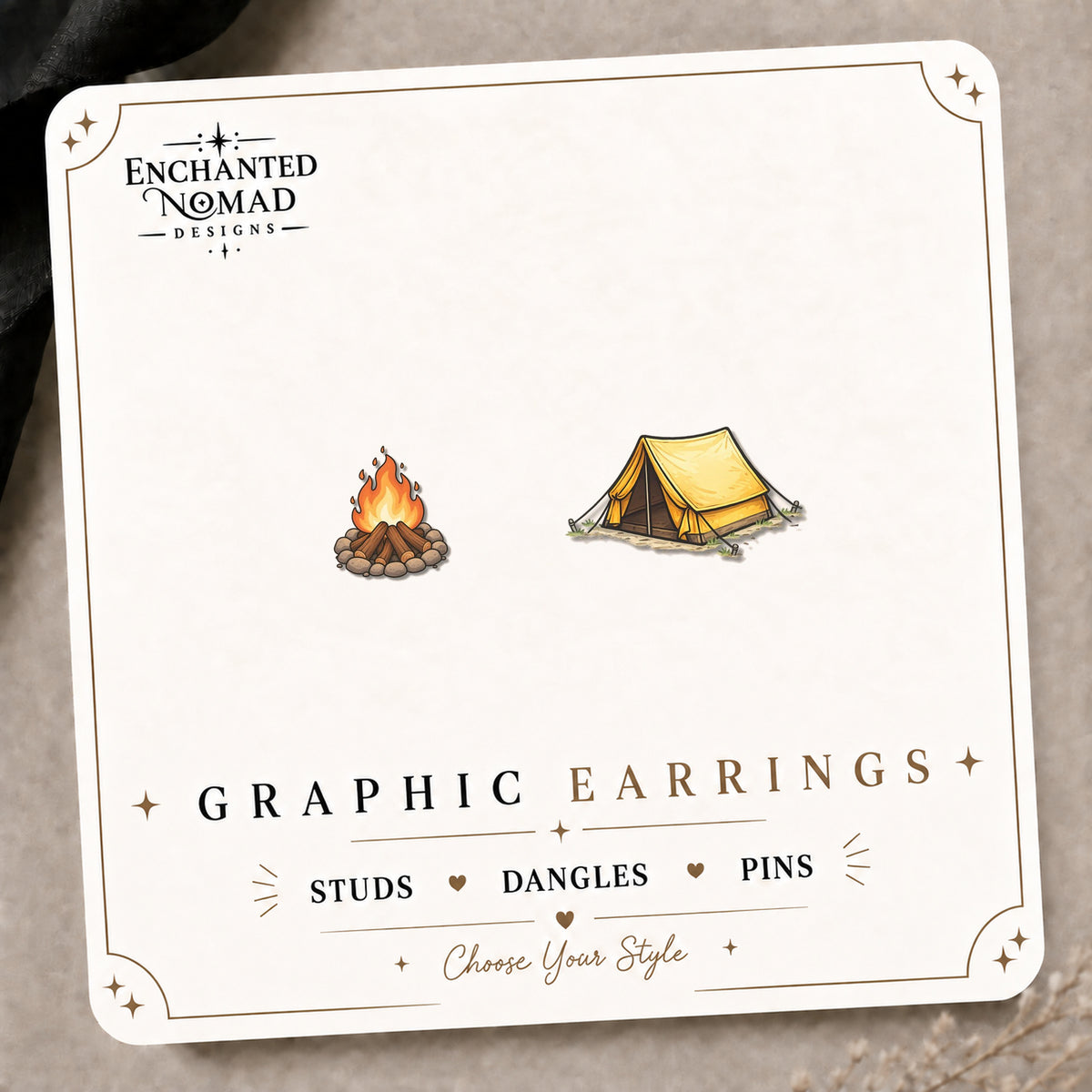 Campfire Stud Earrings on the tilted Enchanted Nomad Designs card