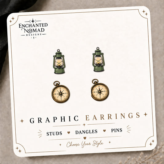 Camping Lantern & Compass Graphic Stud Earrings on the tilted Enchanted Nomad Designs card