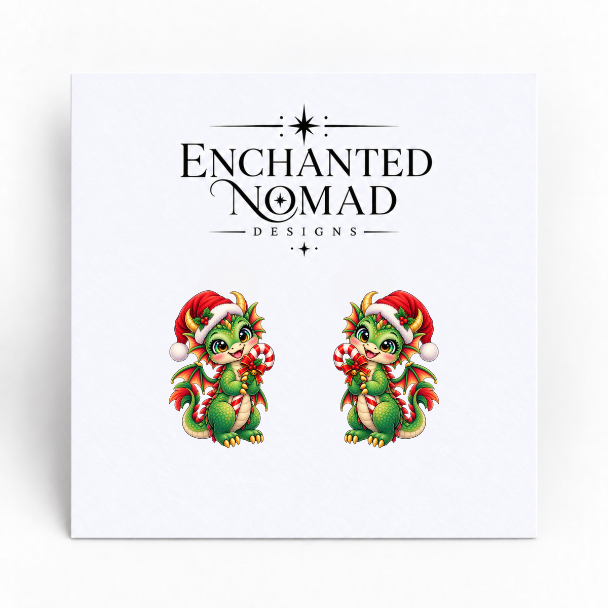 Candy Cane Christmas Dragon graphic earrings on display card