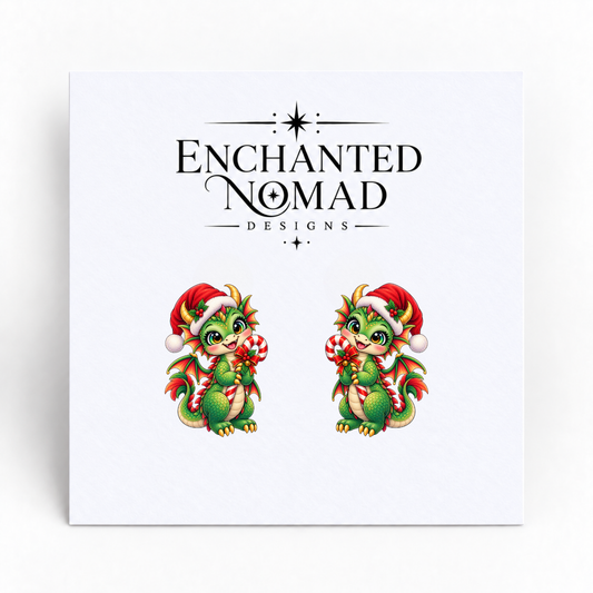 Candy Cane Christmas Dragon graphic earrings on display card