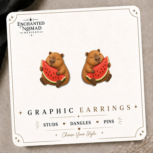 Capybara Watermelon Stud Earrings on the tilted Enchanted Nomad Designs card