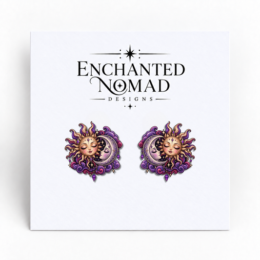 Celestial Sun and Moon graphic earrings on display card