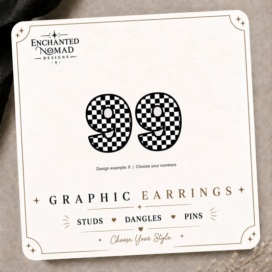 Checkered Number Stud Earrings on the tilted Enchanted Nomad Designs card