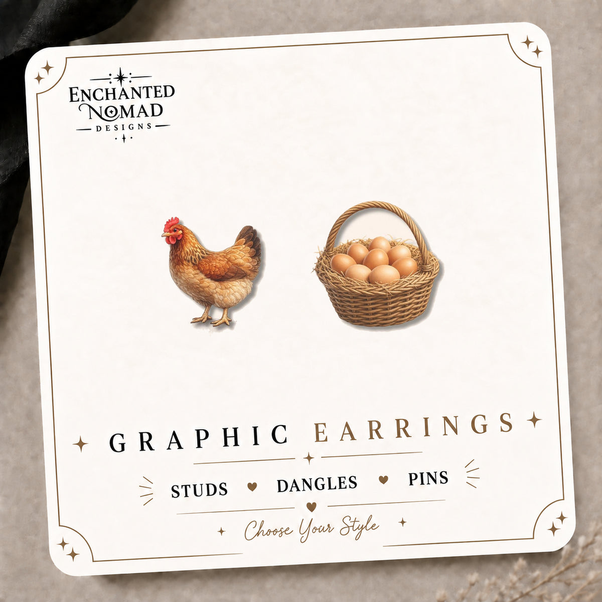 Chicken & Egg Basket Earrings on the tilted Enchanted Nomad Designs card