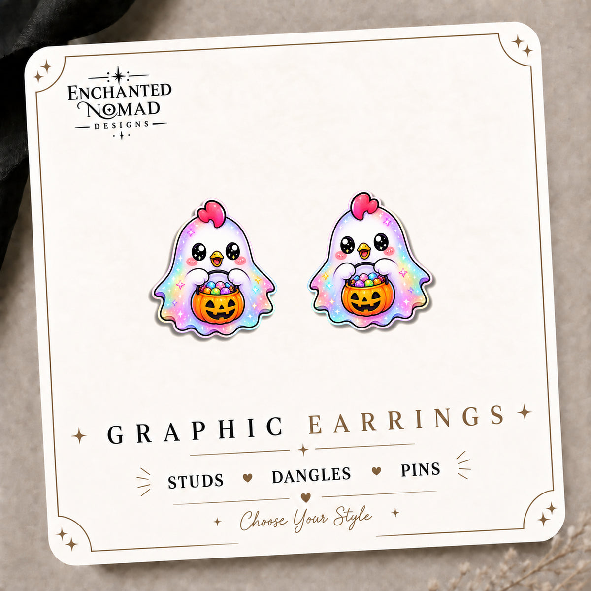 Chicken Ghost Stud Earrings on the tilted Enchanted Nomad Designs card