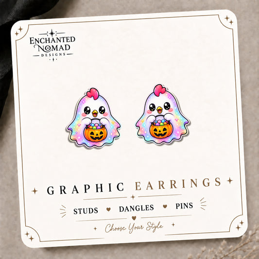 Chicken Ghost Stud Earrings on the tilted Enchanted Nomad Designs card