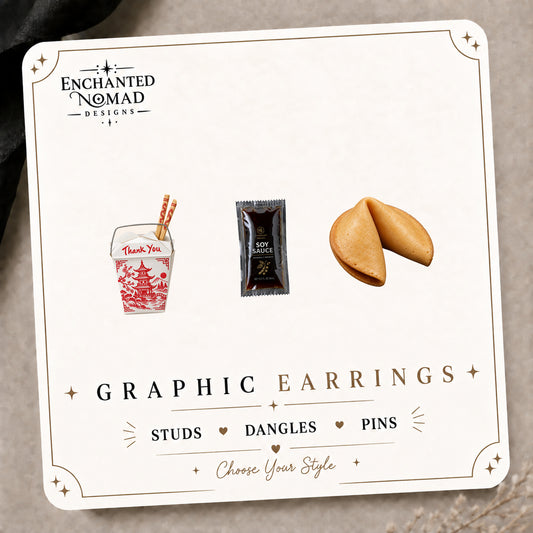 Chinese Takeout Mismatched Stud Earrings on the tilted Enchanted Nomad Designs card