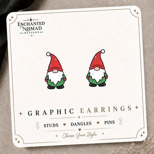 Christmas Gnome in Red Hat Stud Earrings on the tilted Enchanted Nomad Designs card