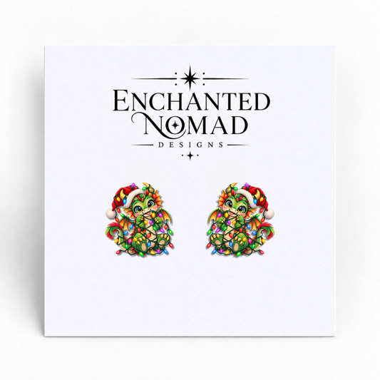 Christmas Lights Dragon graphic earrings on display card