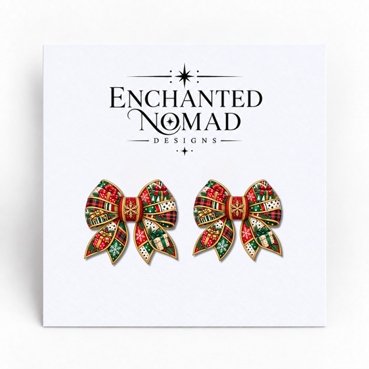 Christmas Presents Patchwork Bow graphic earrings