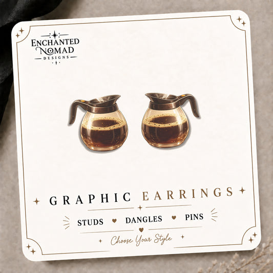 Coffee Pot Stud Earrings on the tilted Enchanted Nomad Designs card