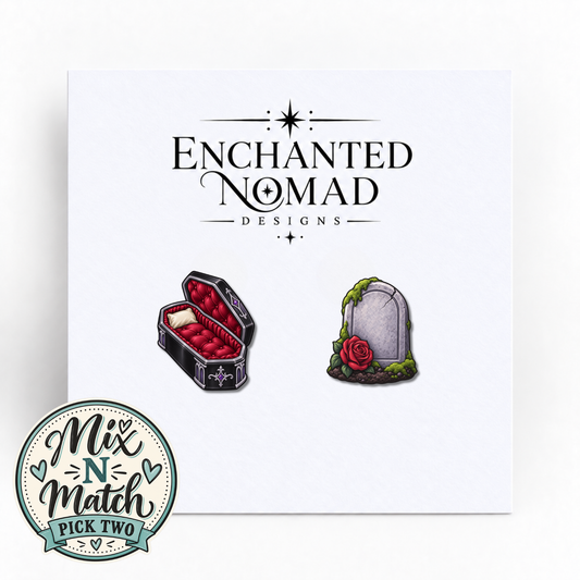 Coffin and Rose Gravestone graphic earrings