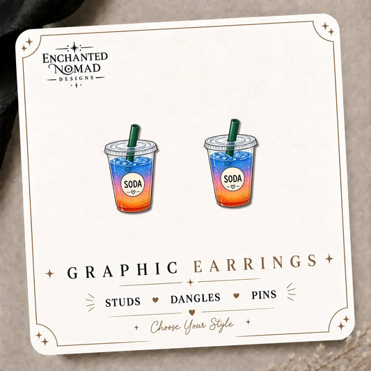 Colorful Soda Cup Earrings & Pins on the tilted Enchanted Nomad Designs card