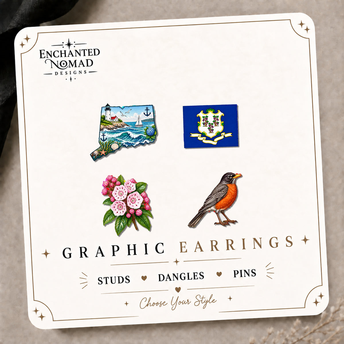 Connecticut Mix & Match Stud Earrings on the tilted Enchanted Nomad Designs card