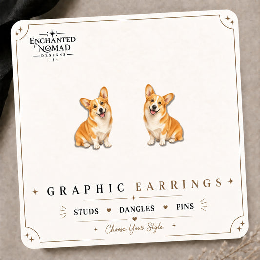 Corgi Stud Earrings on the tilted Enchanted Nomad Designs card