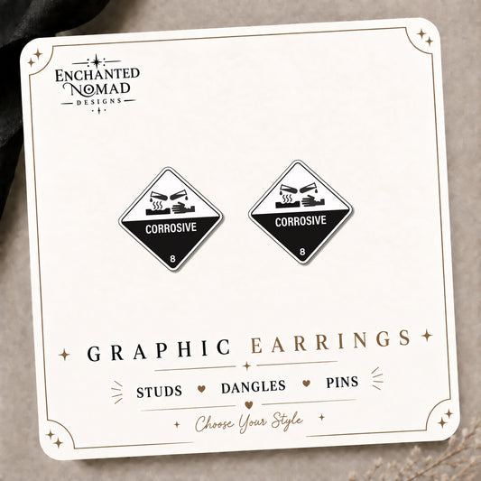 Corrosive Hazard Graphic Stud Earrings on the tilted Enchanted Nomad Designs card